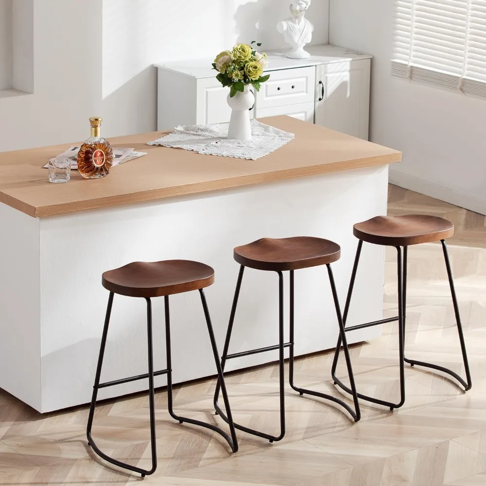 

Bar Stools Set of 3, Solid Wood Counter Height Bar Stools 26 Inch Barstool Chair for Kitchen Island Rustic Saddle Seat Backless