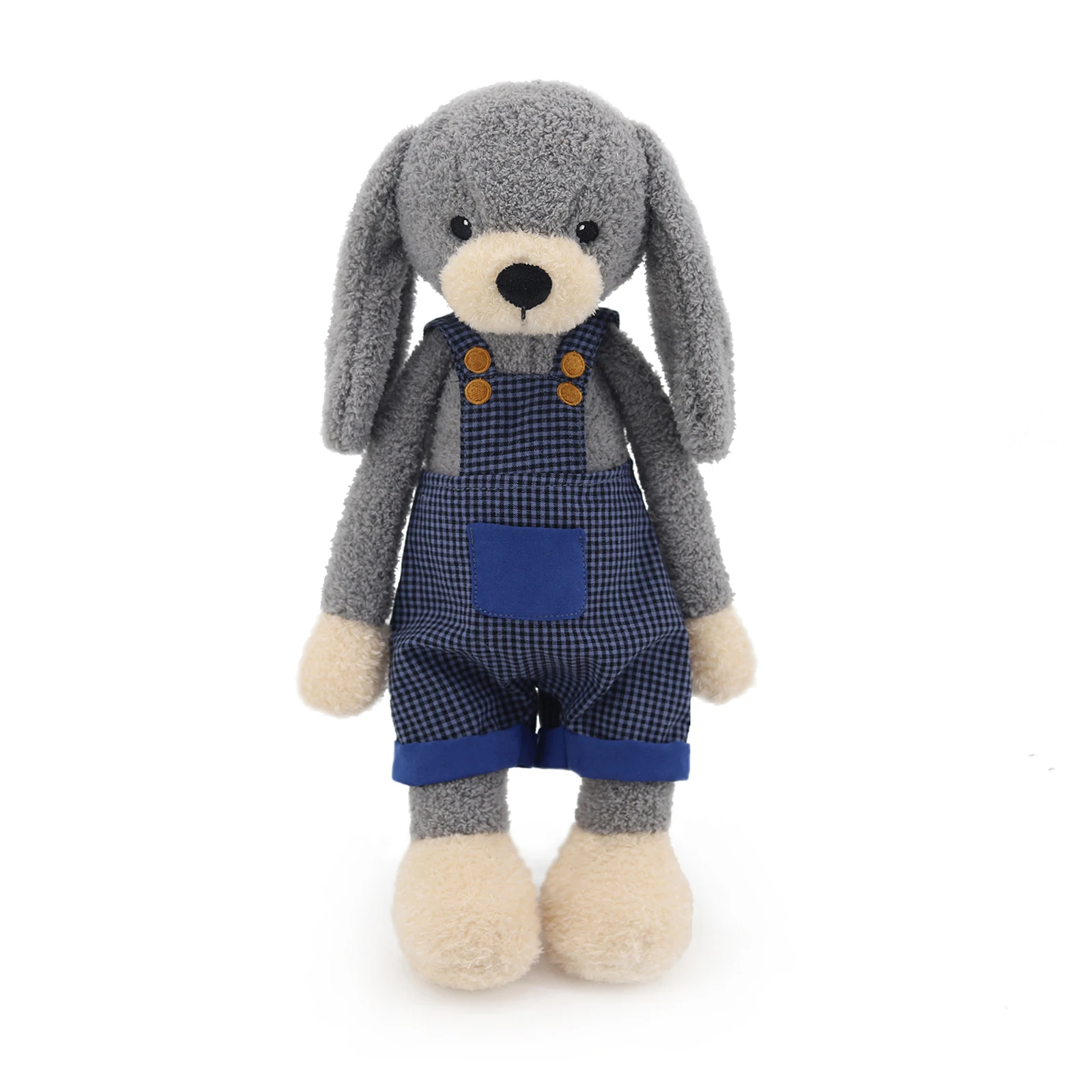 Cute Long Eared Gray Rabbit Plush Toy Soft Stuffed Animal with Blue Checked Overalls Kids Adults Birthday Gift Home Decor