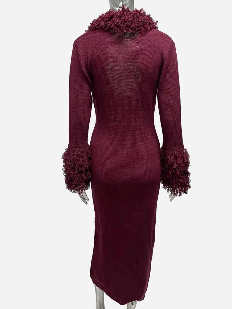 BKQU 패치 워크 태슬 니트 맥시 드레스 여성 딥 브이넥 섹시한 바디콘 긴 소매 가을 겨울 스웨터 드레스 우아한 가운