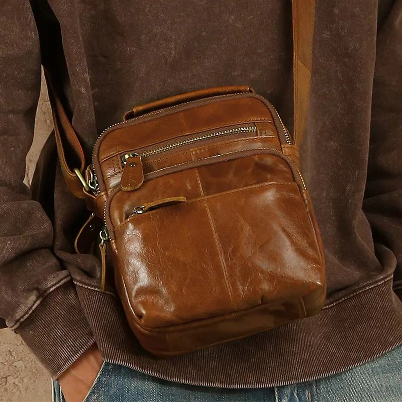 Outdoor Travel Sling Bag Retro Cowhide Genuine Leather Shoulder Bag for Men Multi Pockets Small Crossbody Messenger Purse