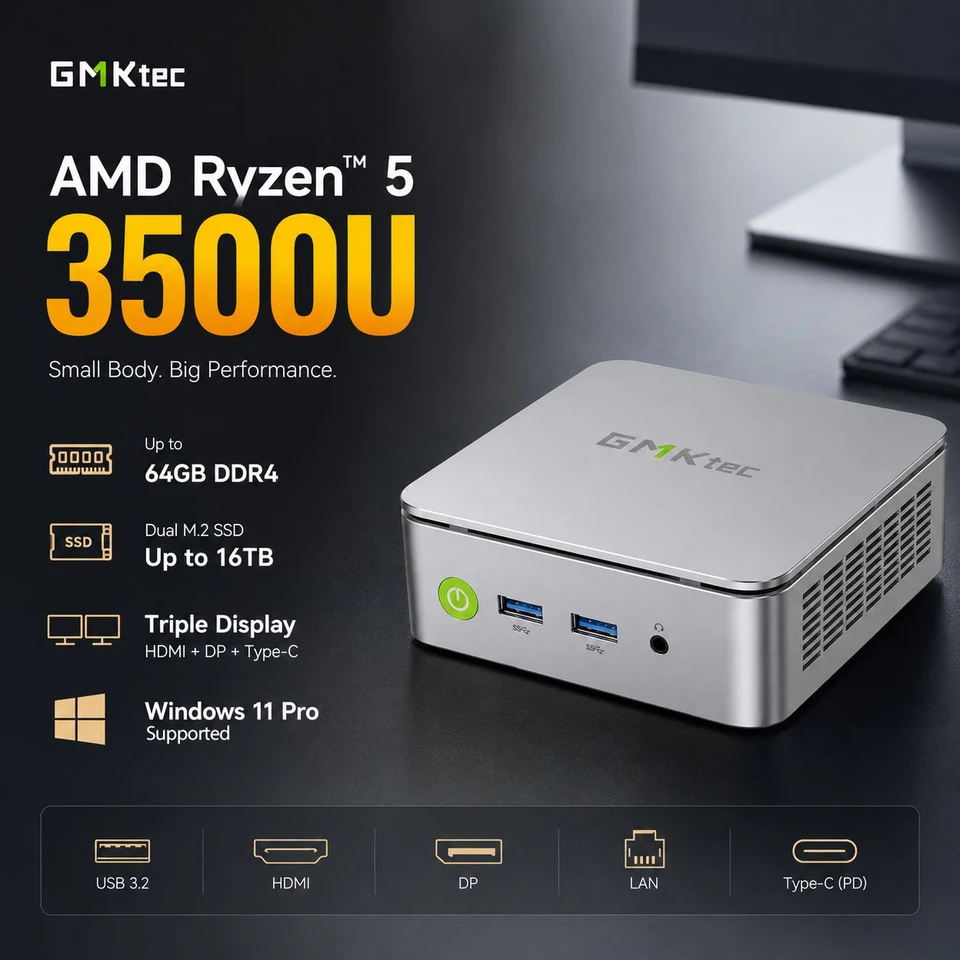 GMKtec G10 AMD Ryzen 5 3500U Mini PC DDR4 32GB 64GB NVMe SSD