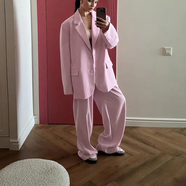 Autumn Elegant Pink 2 Piece Pant Sets Women Fashion Long Sleeve Pockets Blazers And High Waisted Simple Straight Trousers Sets