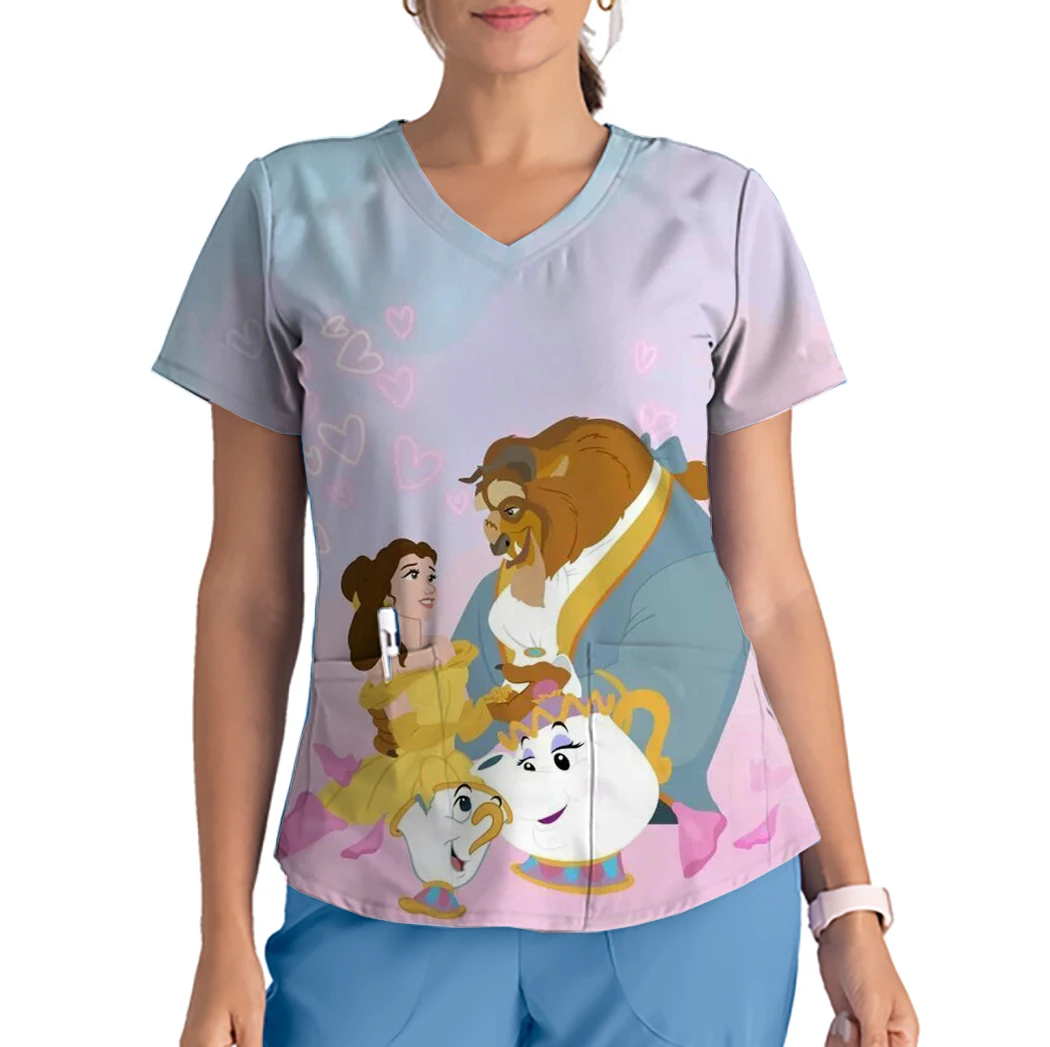 Women's V Neck Printed Scrub Uniform Nurse Scrub Tops with Pockets Disney Beauty and the Beast Nurse Dress Overalls