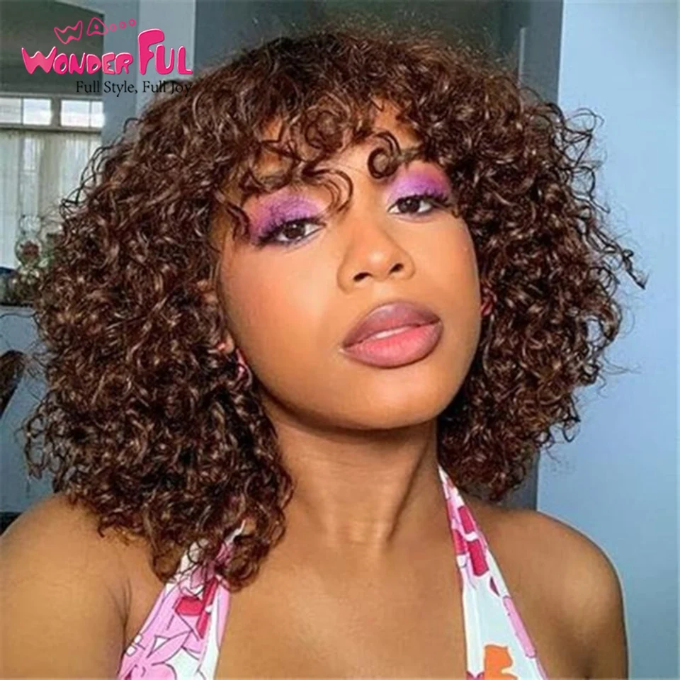 Brazilian Remy Hair Brown Jerry Curly Highlight Curly Wigs  P4/27# And 1B# Human Hair Short Wigs With Bangs Orange for Women