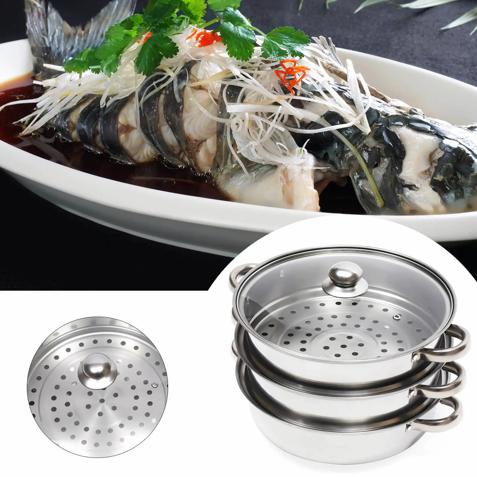 Stainless Steel 3 Tier Steam Steamer Cooker Kit Pan Cook Pot with Glass Lid