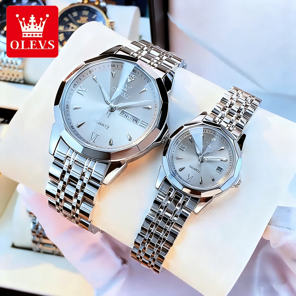 OLEVS Couple Watches Trend Fashion Stainless Steel Original Quartz Wristwatch for Lover Waterproof Luminous Date Week 2pcs Watch
