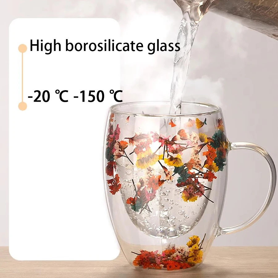 4pcs Dried Flower Double Wall Clear Glass Coffee Mugs Double Insulated Glass Cup For Hot Cold Beverages Latte Espresso Cup