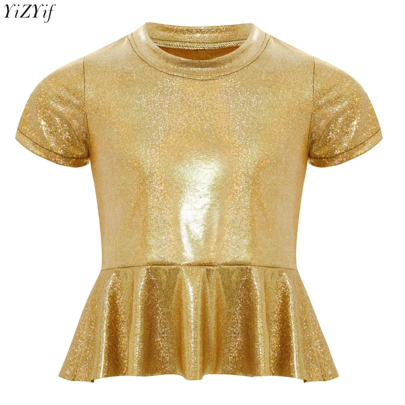 

Kids Girls Shirt Metallic Peplum Top Round Neck Short Sleeves T-shirt for Cheerleading Jazz Dance Performance Party Costume