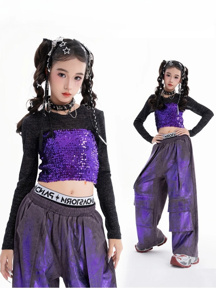 

Girls Jazz Dance Clothing Purple Vest Baggy Pants Set Fashion Concert Kpop Performance Costume Group Hip Hop Street Dance Wear