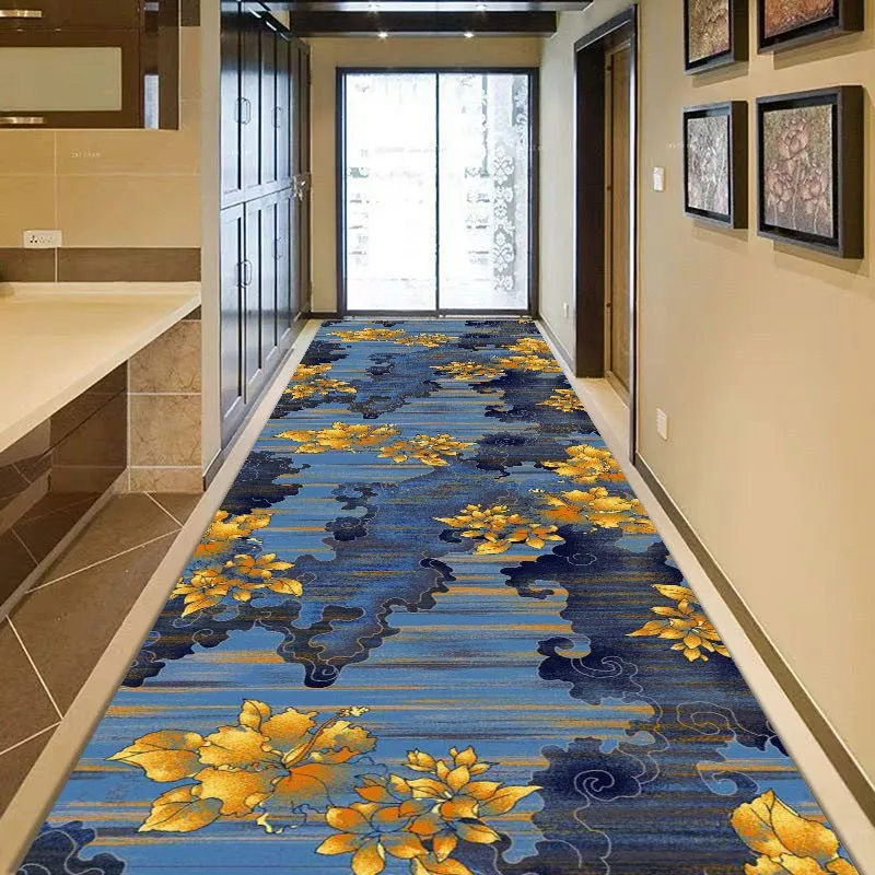 Reese Lobby Lint-free Carpet Living Room Porch Rug Hallway Corridor Aisle Veranda Restaurant Golden Tie Stalks On Blue Dyeing