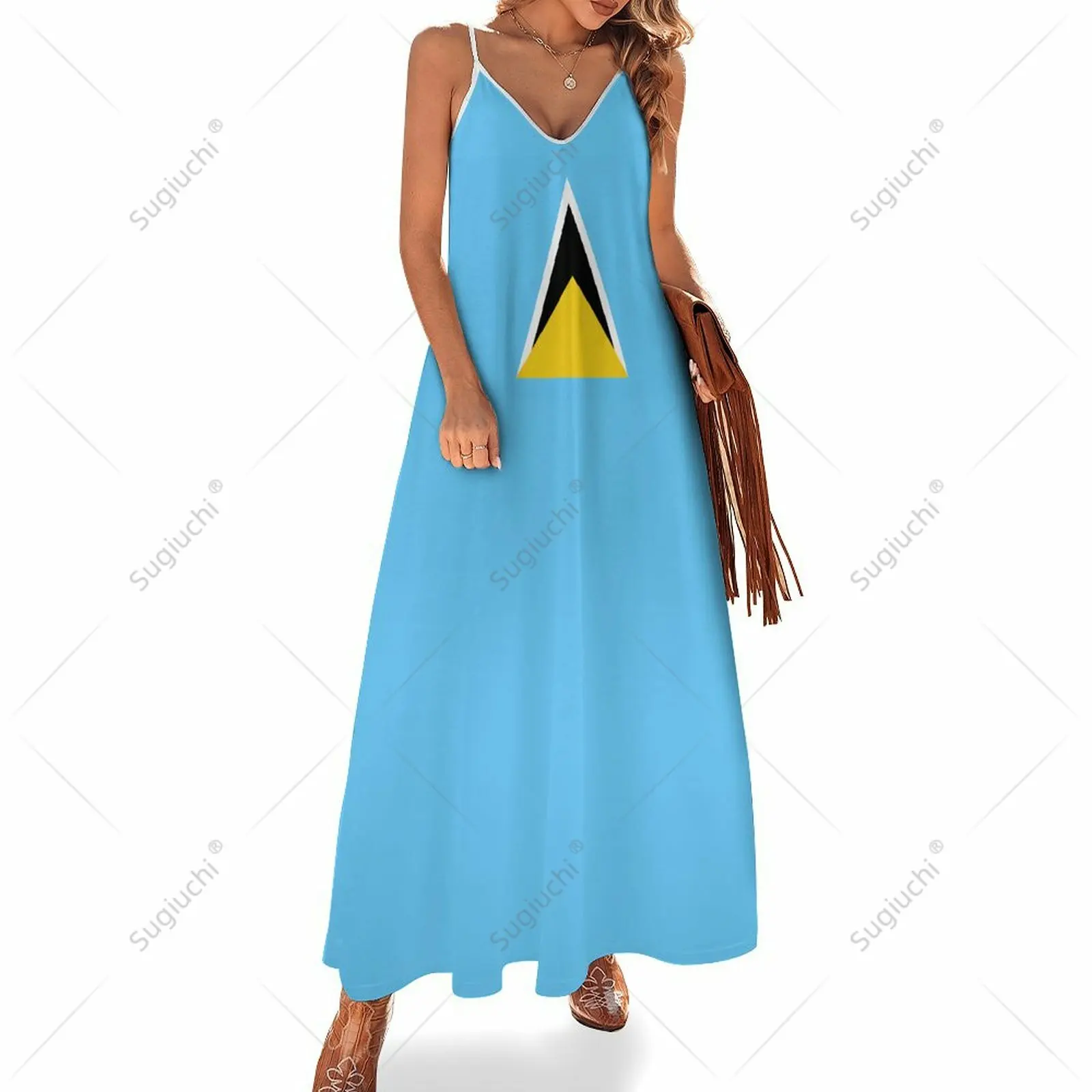 

Long Dresses Dress Saint Lucia Flag Print New Casual Sleeveless Women's V-Neck Printed Dress Swing Retro Dresses