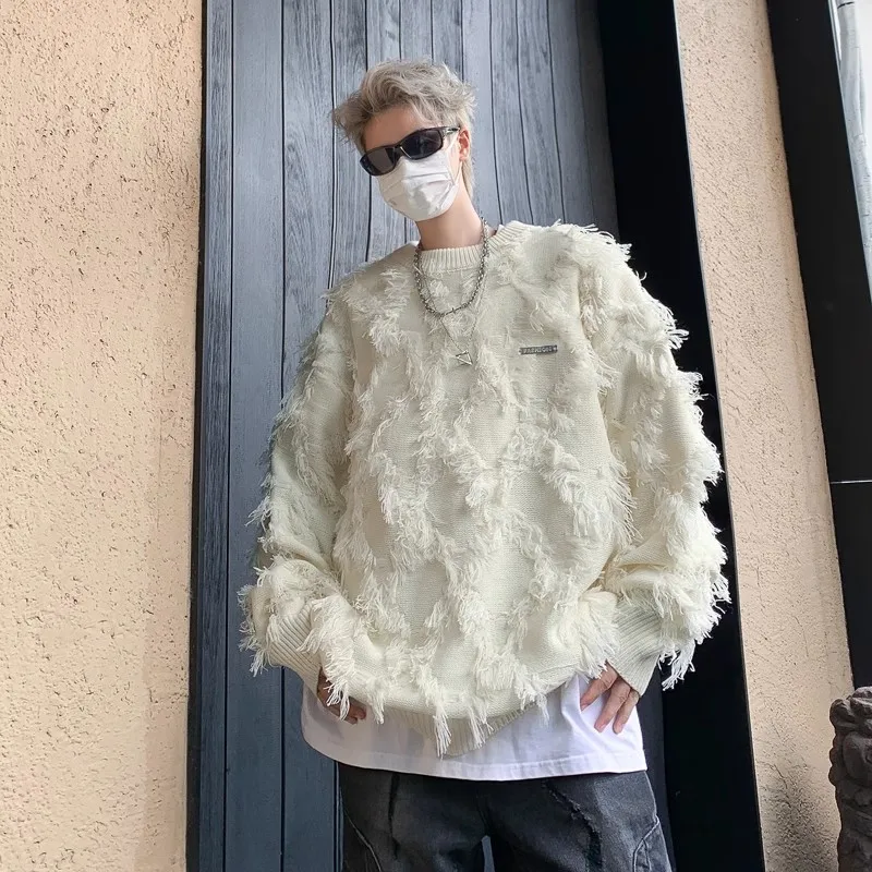 

American Retro Tassel Knitwear Thiened Loose Fit Faion Brand Deer Velvet round Ne Knitted Sweater Casual Autumn Men's Wear