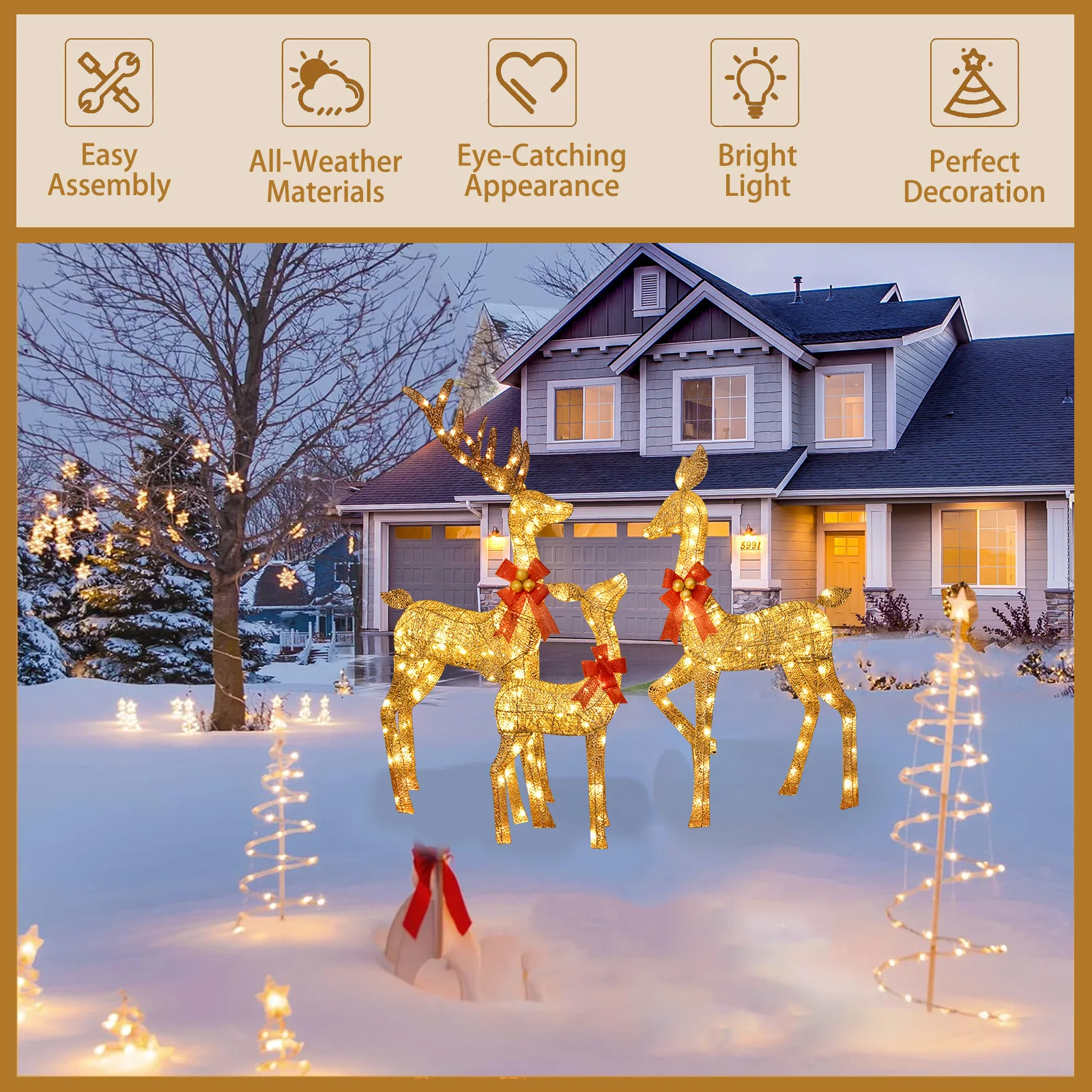 3D 3-Piece Outdoor atmosphere lighting fixtures Yard Holiday Lighted Reindeer Outside Indoor Home Lawn Garden 210 Led Lights
