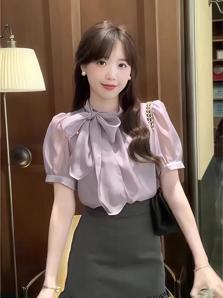 

Fashion Elegant Chiffon Bow Shirts Women Summer Vintage New Chic Blouse French Retro Turtleneck Casual Lady Tops