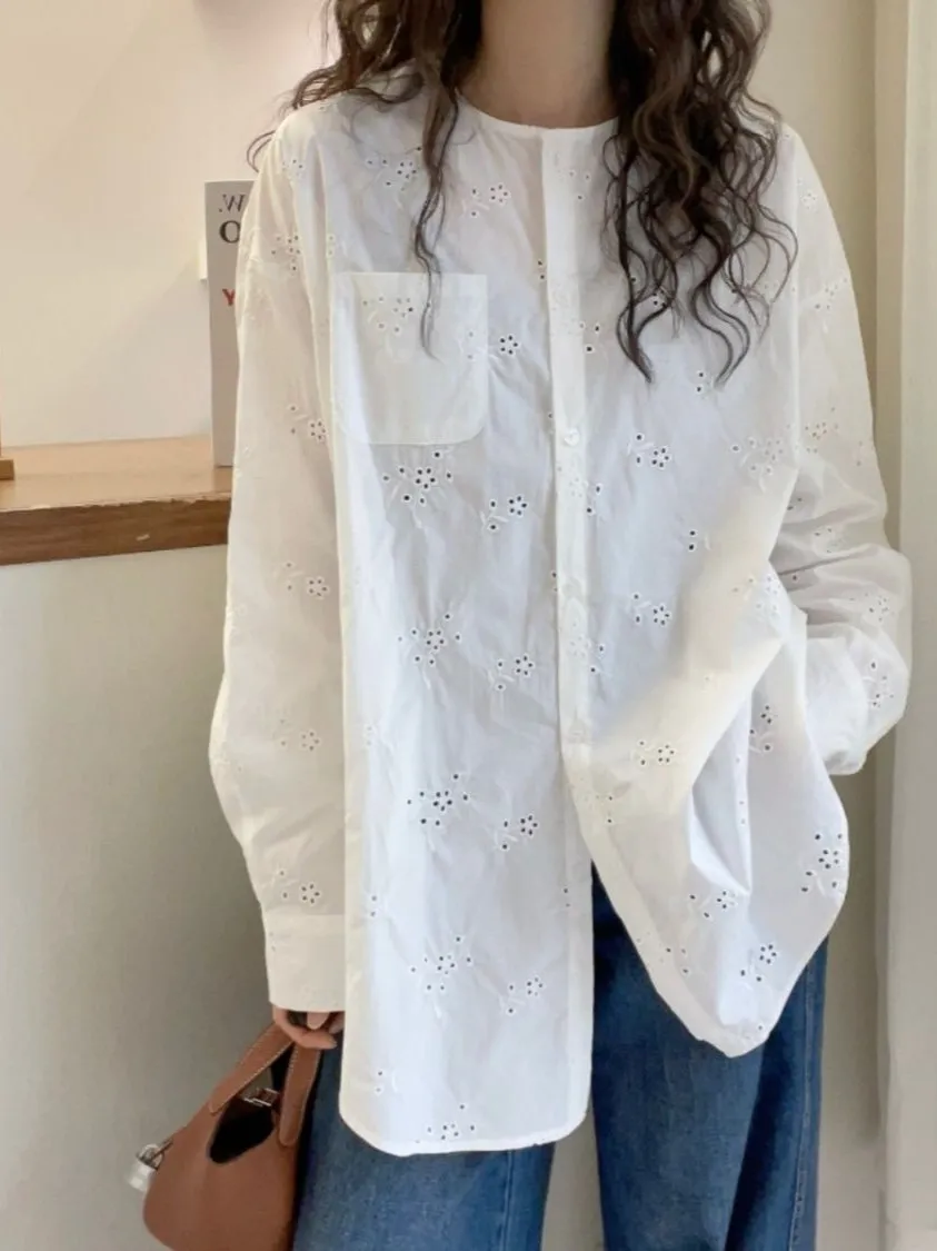 

Белая повседневная женская рубашка с длинным рукавом и круглым вырезом, на одной пуговице, в корейском стиле, весна-осень, новая модная коллекция