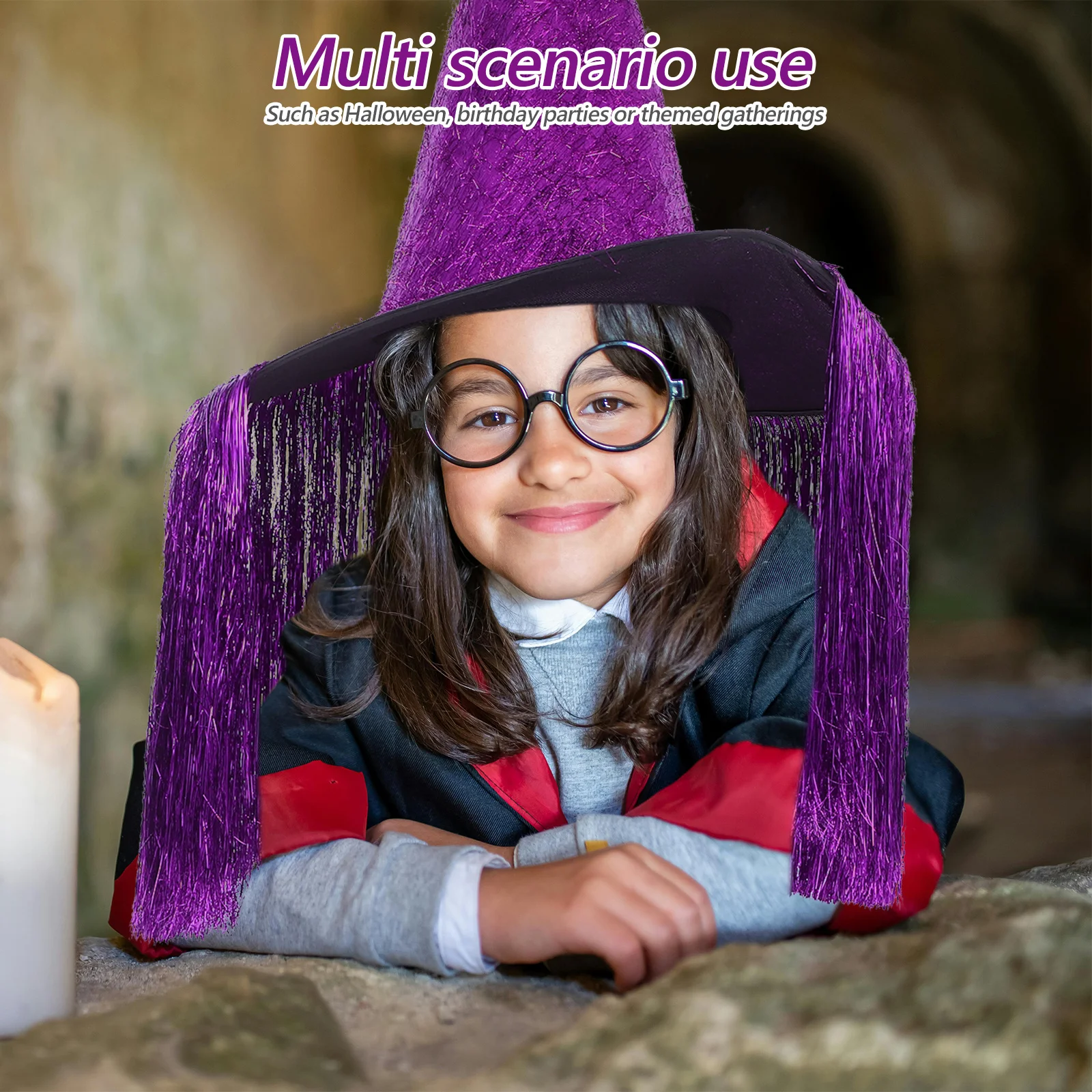 أطفال قبعة الساحرة هالوين الأرجواني شرابة أكسفورد النسيج حفلة عيد ميلاد موضوع تأثيري حلي ملحق هالوين التبعي