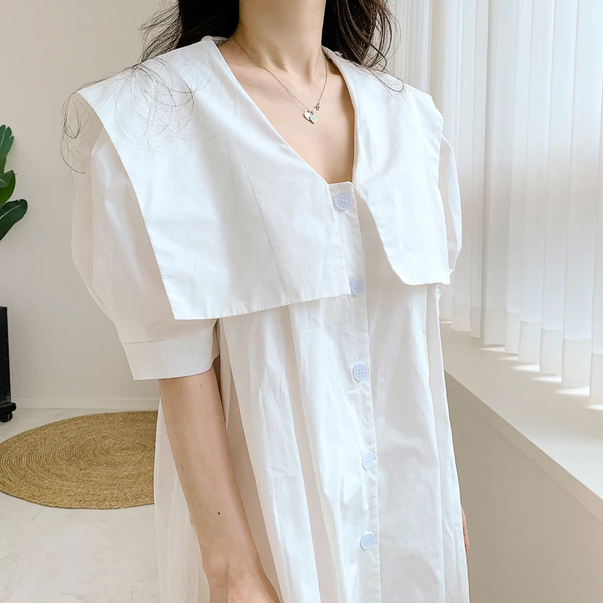 REALEFT 2023 Neue Sommer Vintage frauen Hemd Kleider Kurze Puff Sleeve V-ausschnitt Einreiher Casual Lose A-line Kleid Weibliche