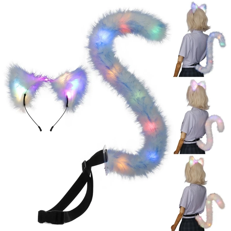 

E15F светодиодная подсветка кошачьих ушей, повязка на голову и хвост, комбинированная, мягкая, удобная для костюмов на Хэллоуин