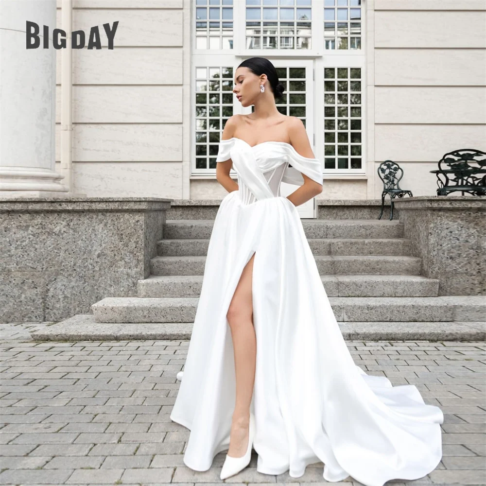

BIGDAY Classic Pleat Satin Wedding Dress 2026 Off The Shoulder Sweetheat High Side Split Open Back Vestido De Noiva Customized