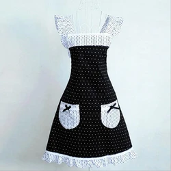 Kitchen Baking Aprons Princess Frill Lace Black White Dot Kitchen Cooking Aprons for Women with Pockets Cross Back