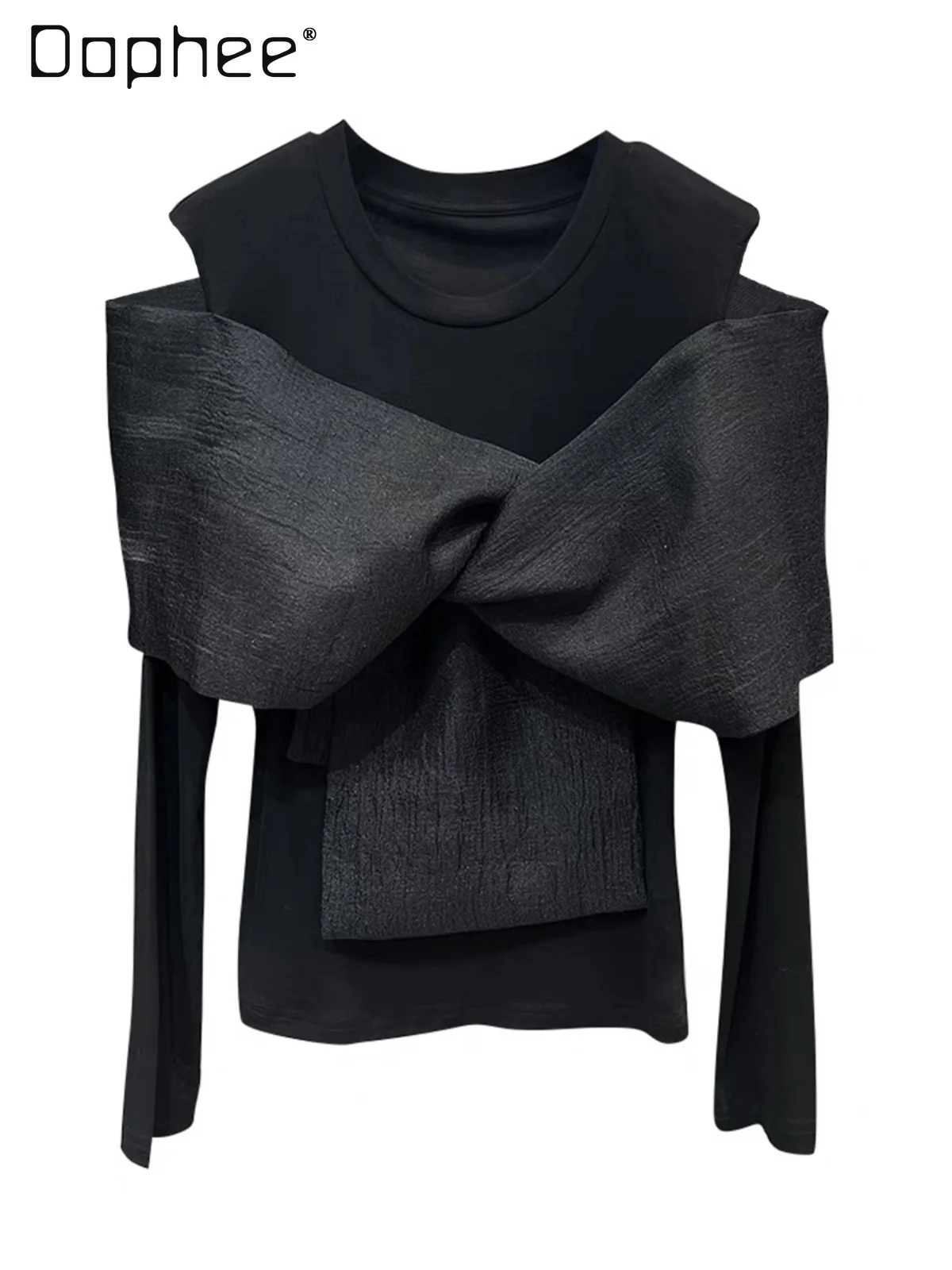 

Trendy Bow Off-the-shoulder Long-sleeved Black T-shirt Women Autumn French Temperament Fashion Undershirt Slim Short Top Female