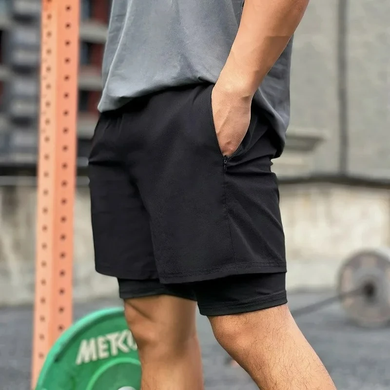 Men's Quick Drying Zipper Shorts Stretch Marathon Fitness Loose Running Casual Vacation Two-layer Pant Basketball Exercise Pants