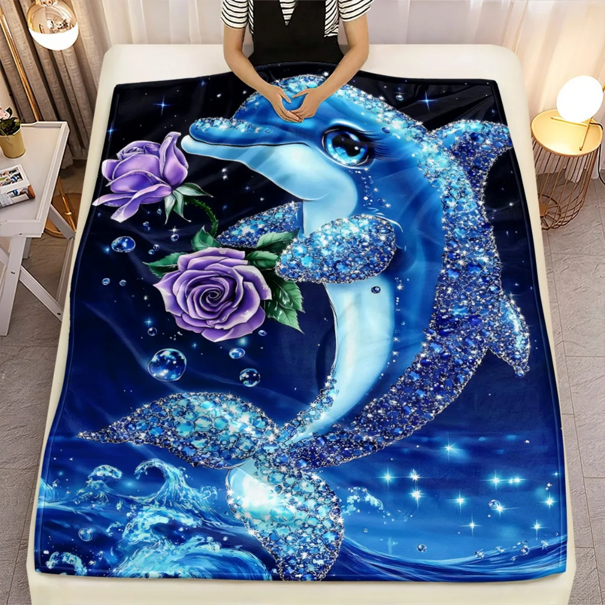 Blue Dolphin with Purple Roses Fleece Blanket Ocean Art Flannel Throw for Bedroom Decor Sparkling Sea Life Design Soft