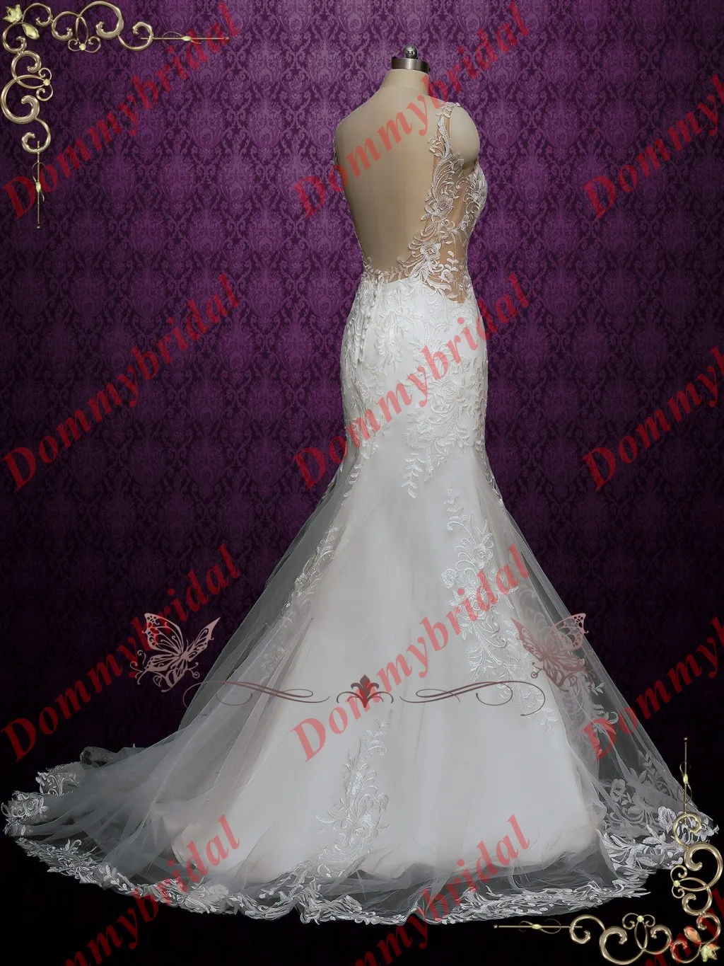 Elegant Long Cheap Wedding Bridal Dresses Sheer Neck Open Back Trumpet Mermaid Designer with Train Applique Lace Vestido