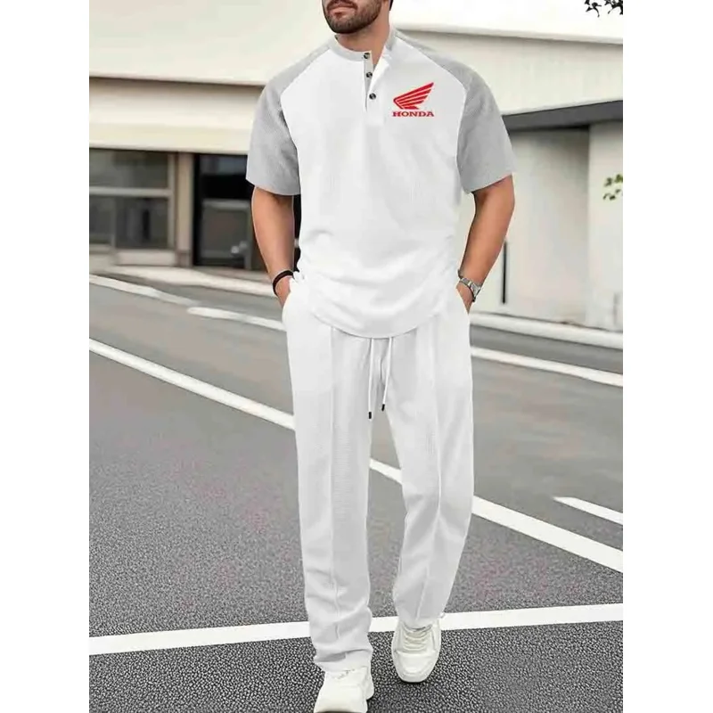 

Honda Men's Casual Mixed Color Patchwork Suit：Shirt and Drawstring Pants，Refreshing and Comfortable