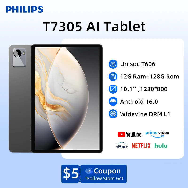 [العرض الأول في العالم] تابلت فيليبس 2025 10.1 بوصة أندرويد 16 Unisoc T606 12 جيجابايت (+8 جيجابايت ذاكرة الوصول العشوائي الافتراضي) 128 جيجابايت LTE أقراص المكالمات الهاتفية Global Ver