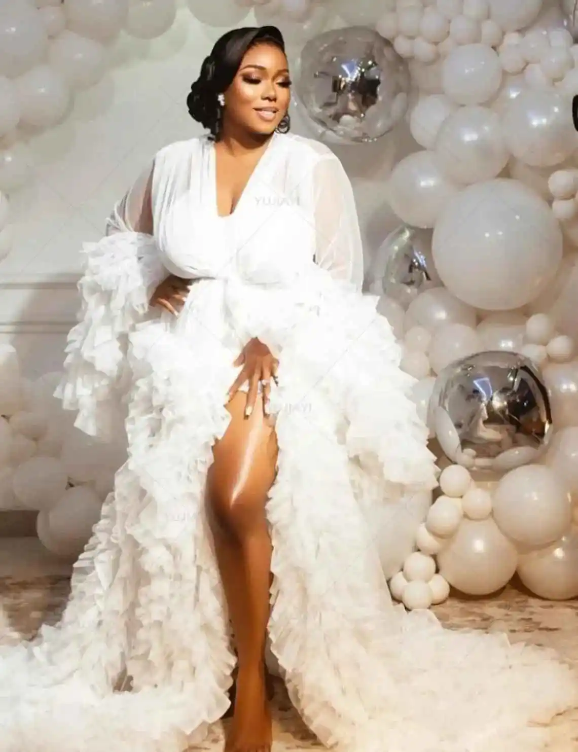 

Maternity Gown for Baby Shower Dressing Gown Perspective Sheer Skirt Long Tulle Bridal Robe Puffy Sleepwear for Women Nightwear
