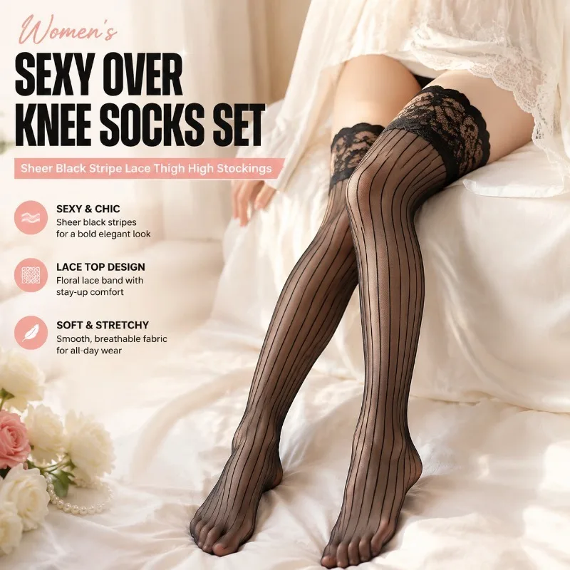 Sensual Multi‑pair Over‑knee Sock Bundle Sheer Black‑white Thin Hosiery Ornate Lace‑trimmed Half‑leg Garment Shaping Graceful
