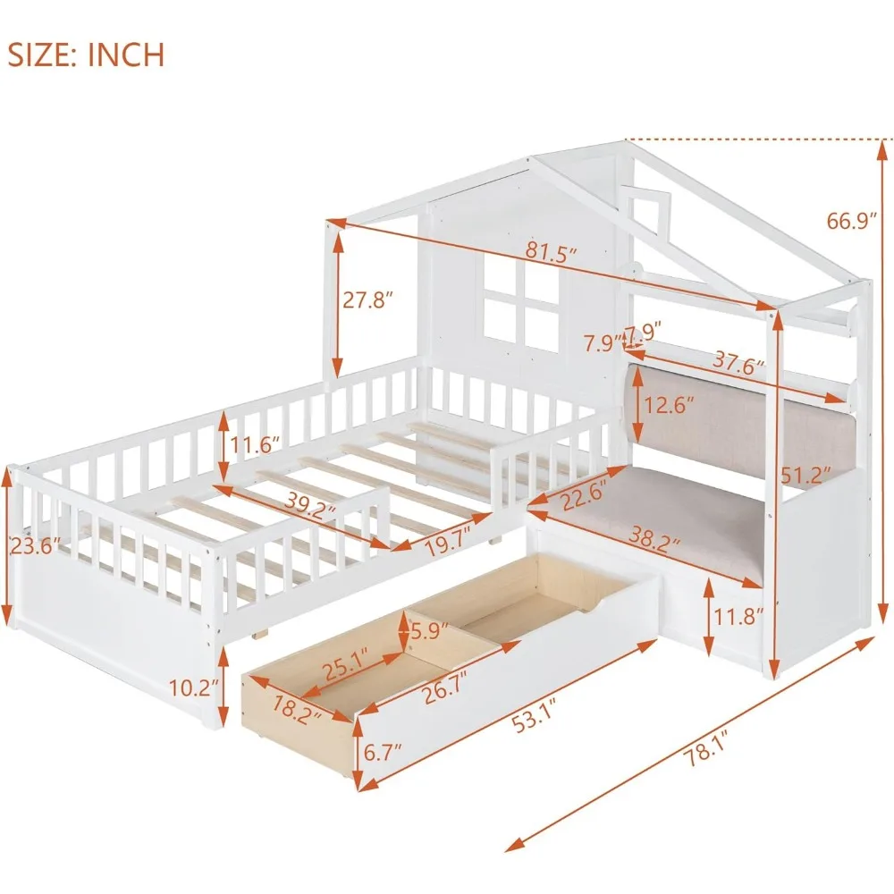 Rangka tempat tidur kembar anak-anak dengan Sofa berlapis kain dan 2 Laci, tempat tidur kayu Montessori dengan rak penyimpanan dan rel tinggi, berbentuk L