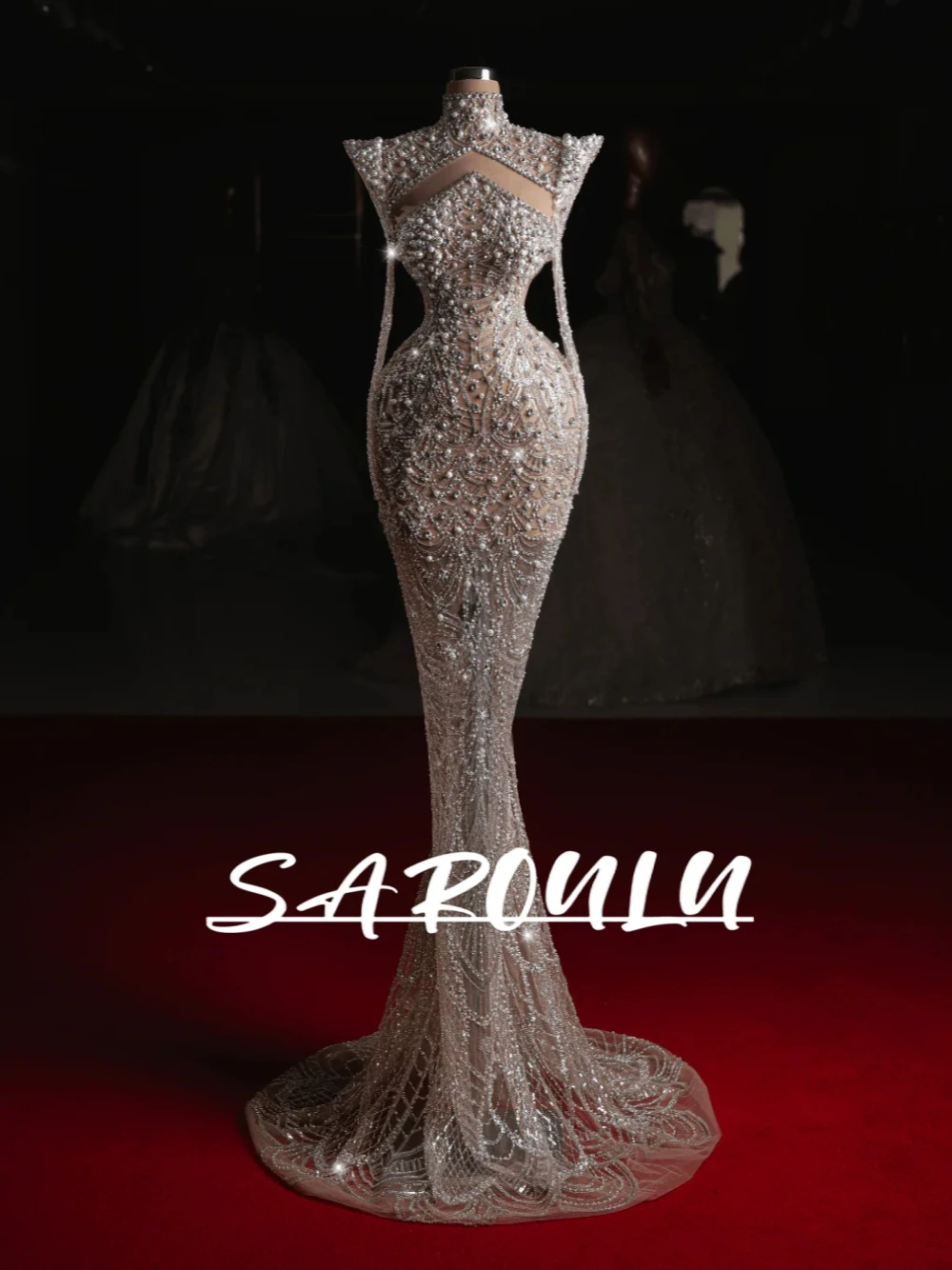 

Illusion Opulent Crystals Pearls Wedding Dress Delicate High Neckline Fitted Waist Customized Sparkling Mermaid Bridal Gown