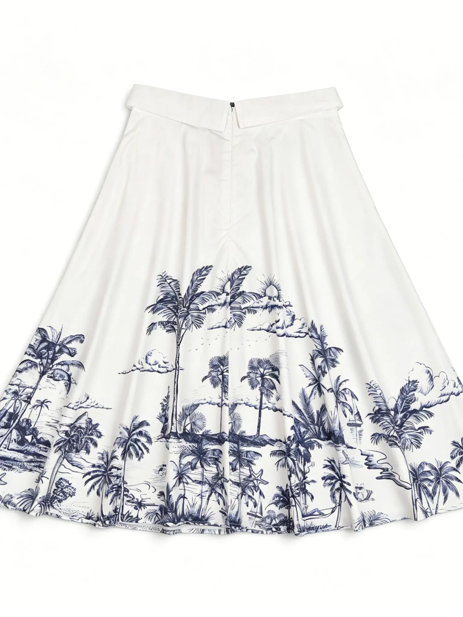 White Coconut Tree Print Midi Skirt Women's Holiday Style A-Line Umbrella Skirt High Waist Pleated Skirt Other Material