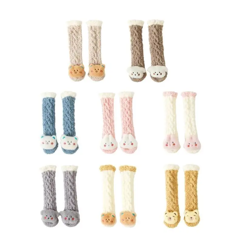 

652F 1 Pair Cartoon Animal Socks Soft Breatahble Warm Footwear Non Slip Floor Socks with Doll Decor for Autumn Winter