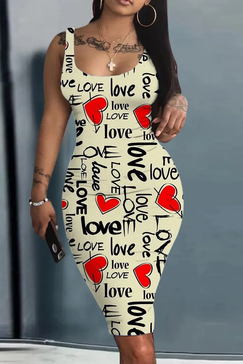 Платье Женское Plus Size Summer Women's Dress Large Size Contrast Heart Print U-Neck Sleeveless Casual Bodycon Mini Dresses