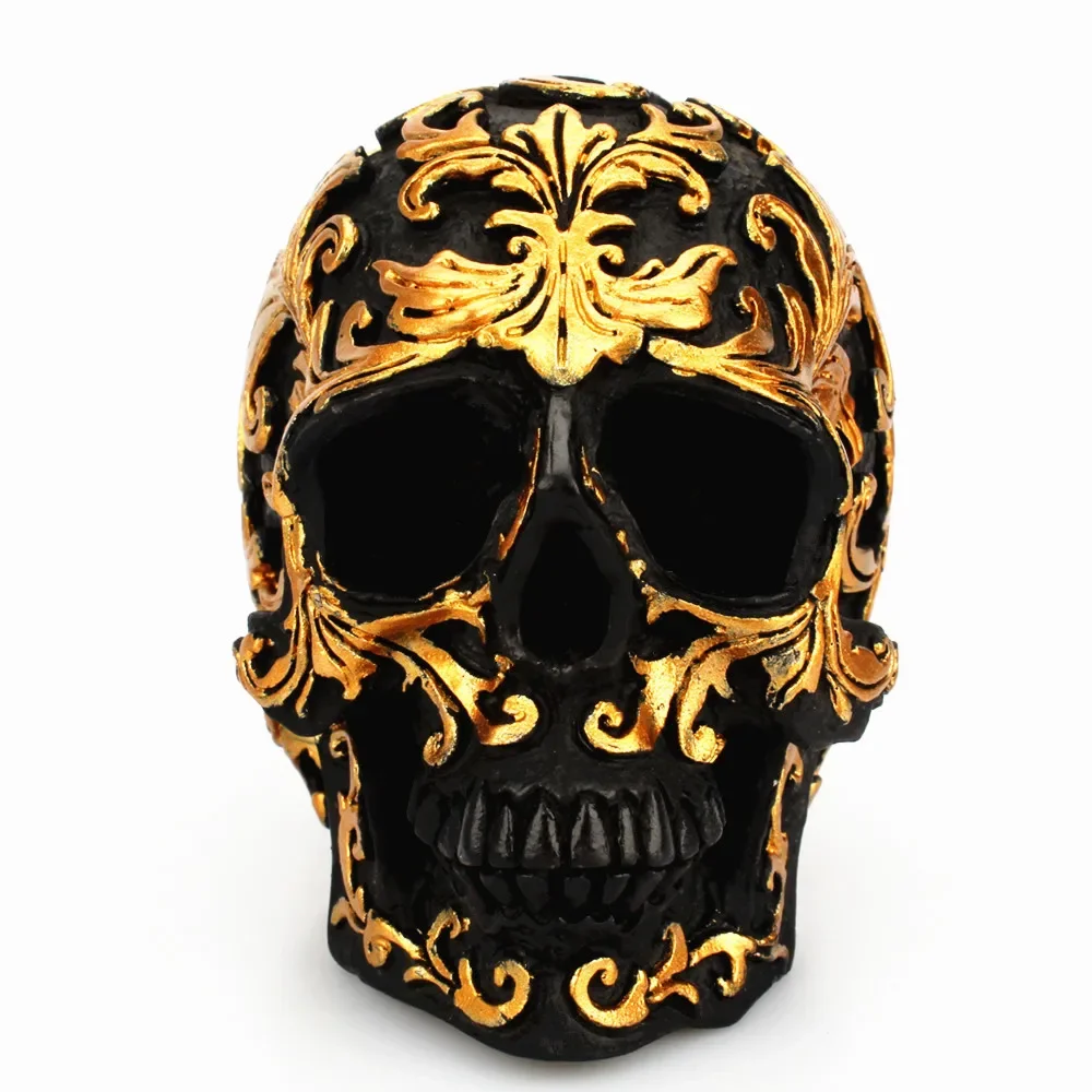 Harz Handwerk schwarzen Schädel Kopf goldene Schnitzerei Halloween Party Dekoration Schädel Skulptur Ornamente Home Dekoration Zubehör
