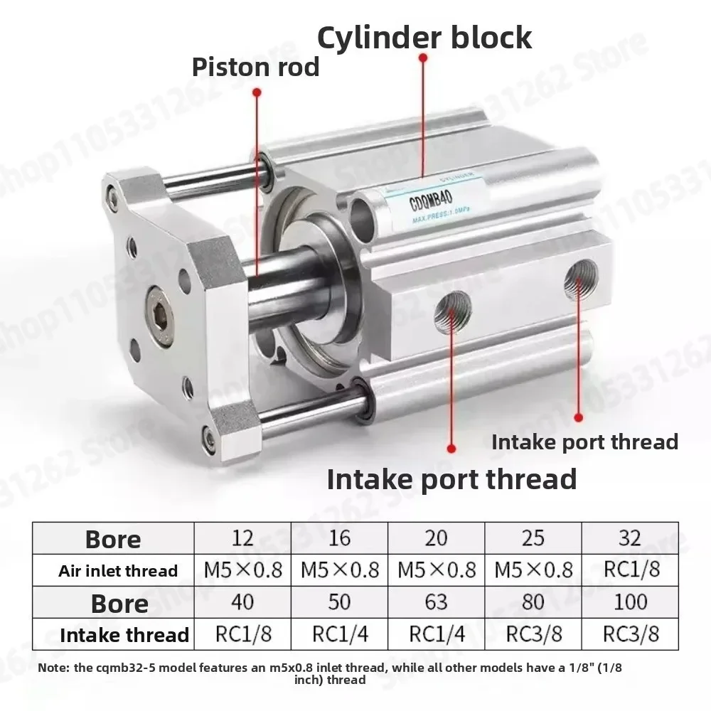 CDQMB Compact Guide Rod Cylinder, Thin Three-Axis Three-Rod Pneumatic Cylinder 12-63 Bore
