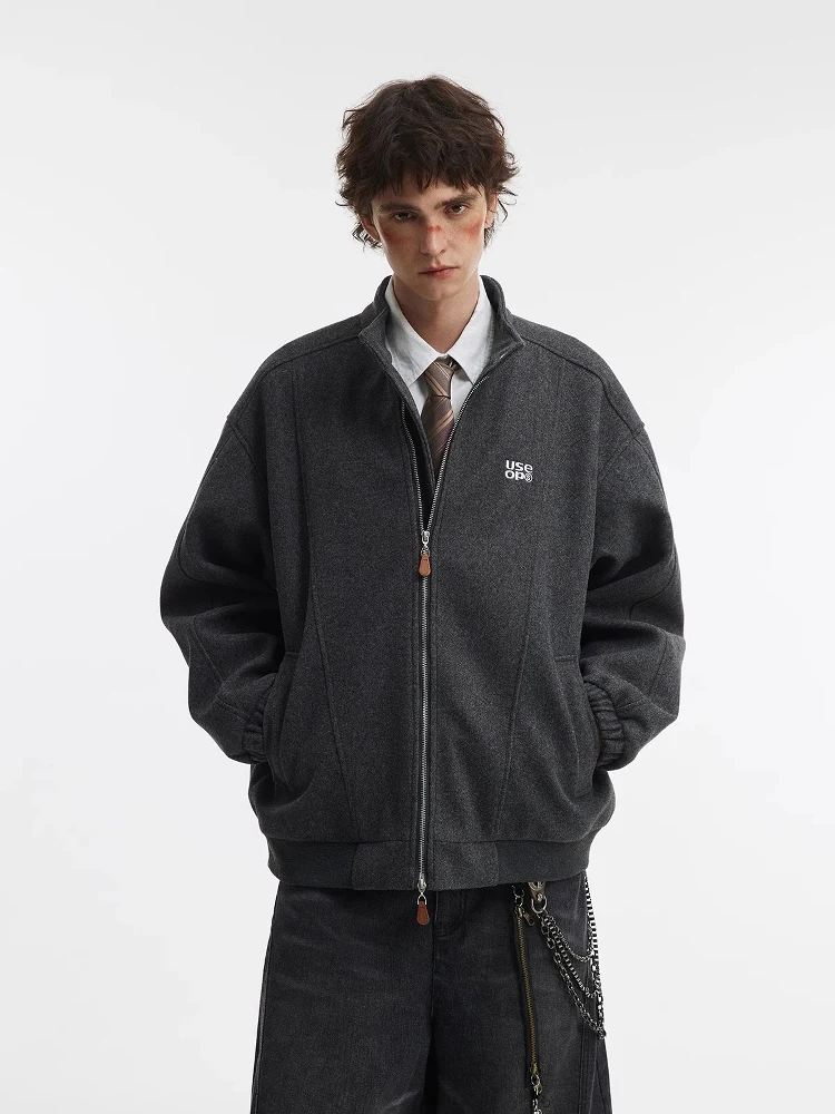 

Retro Oatmeal Melange Cargo Jacket Men Women Woolen fabric Minimalist Stand-Collar Zip-Up Coat Oversized Bomber Streetwear