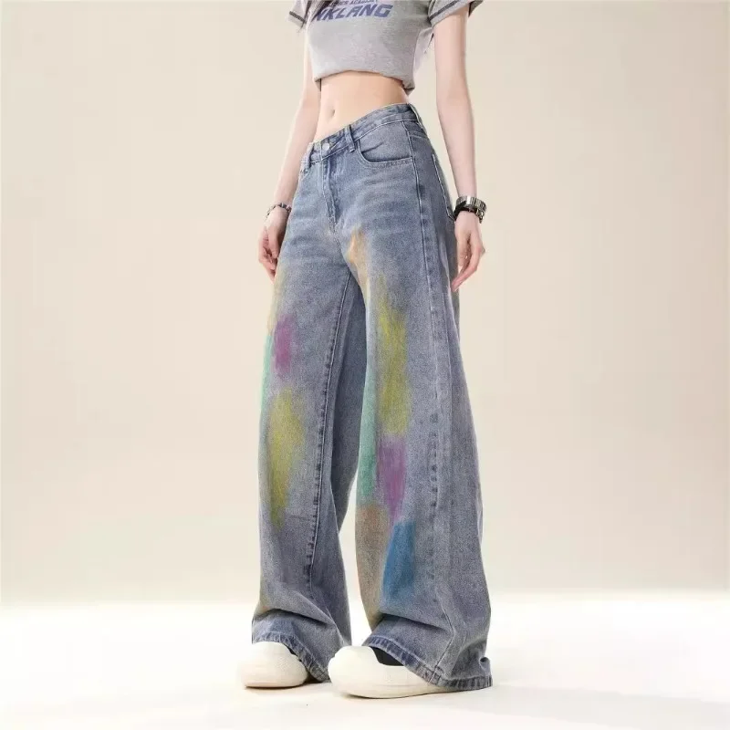 American Retro High Street Loose Wide-leg Painted Jeans Women's 2026 New Straight Leg Slim Blue Mop Pants