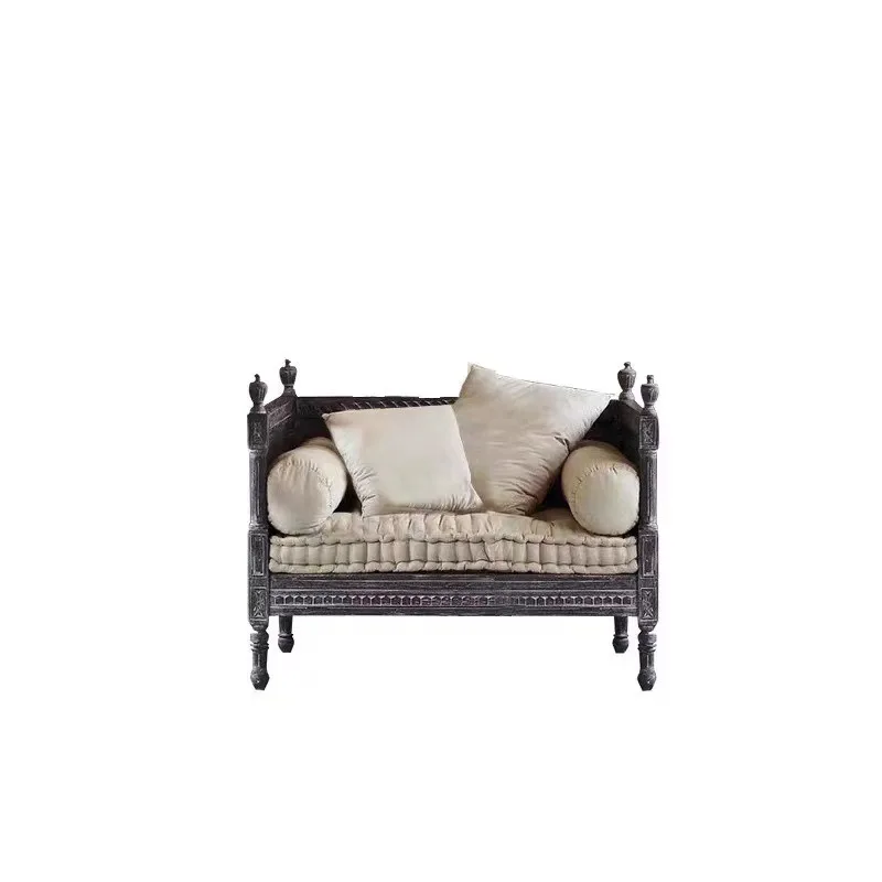 

American country solid wood sofa furniture retro oak carved fabric soft bag