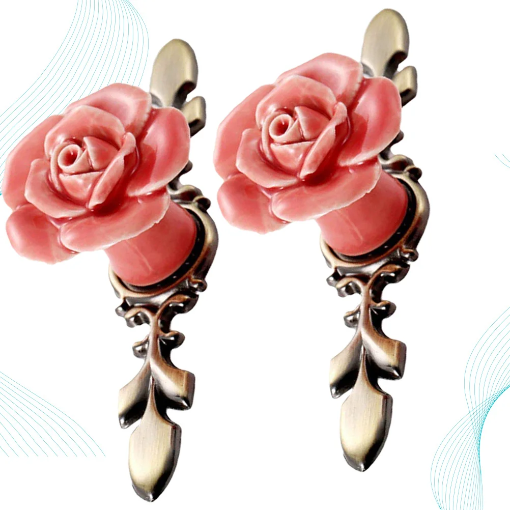2 قطعة زهرة الورد البرونزية مقود كابينة الوردي السيراميك خمر تسحب للأثاث خزانة درج ديكور المنزل