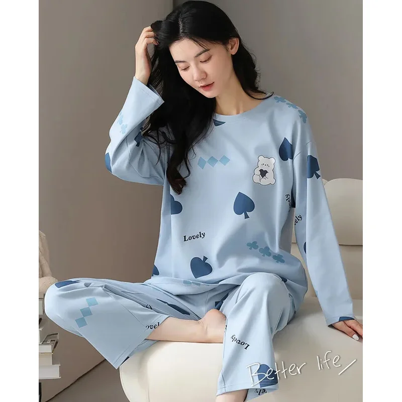 2Pcs/set women's pajamas spring and autumn long-sleeved trousers cartoon cute can be worn outside leisure and comfortable studen