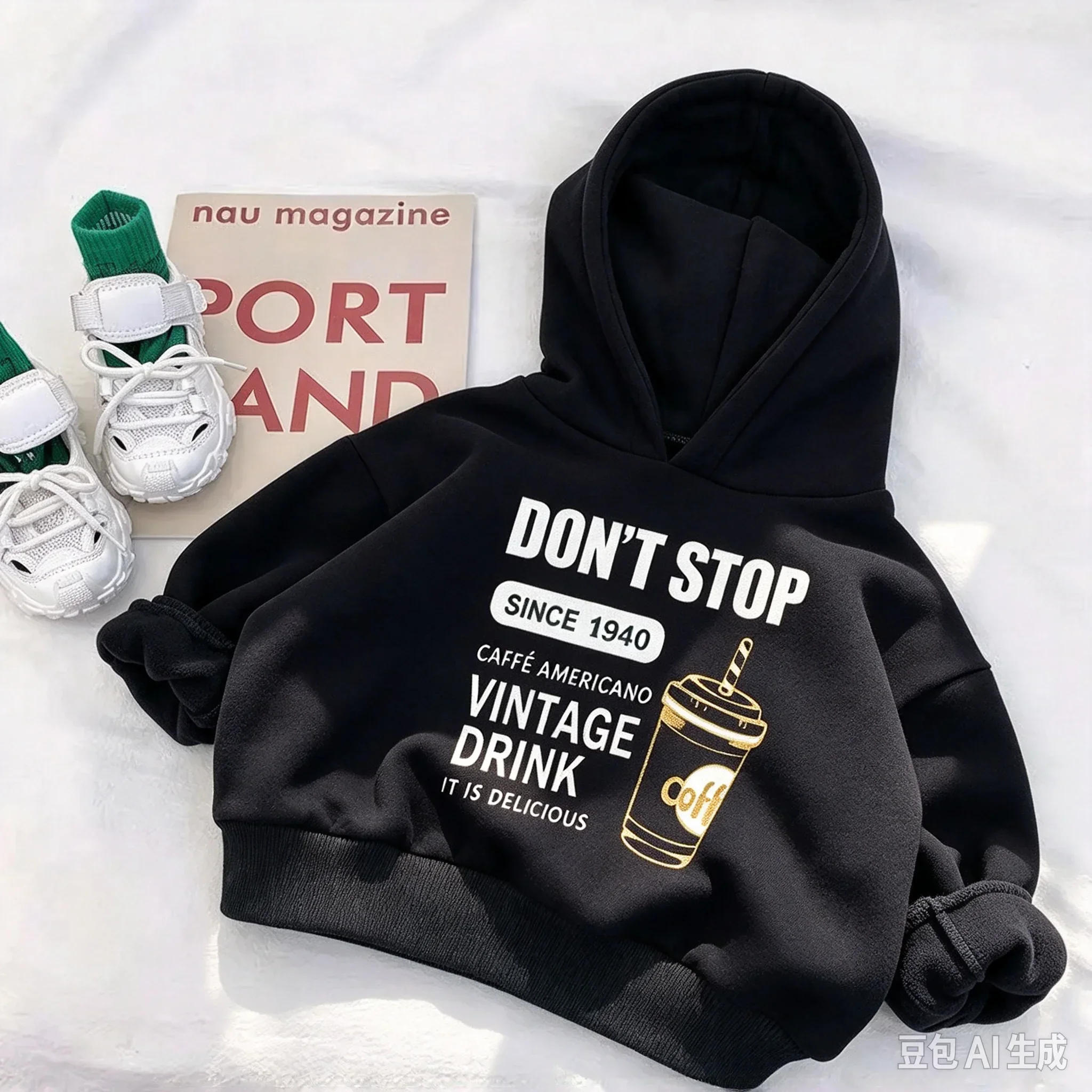 Kids Hooded Sweatshirt Coffee Drink Graphic Printed Hoodie Vintage Style Casual Winter Streetwear Black Pullover Boys Girls