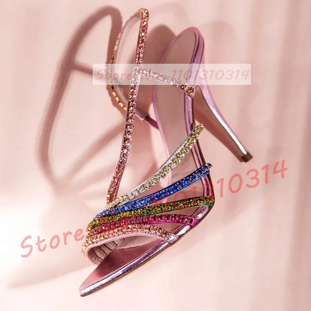 

Colorful Crystal Slingback Sandals Women Metallic Cross Strap High Heels Luxury Shoes Female Summer Bling Banquet Dress Sandals