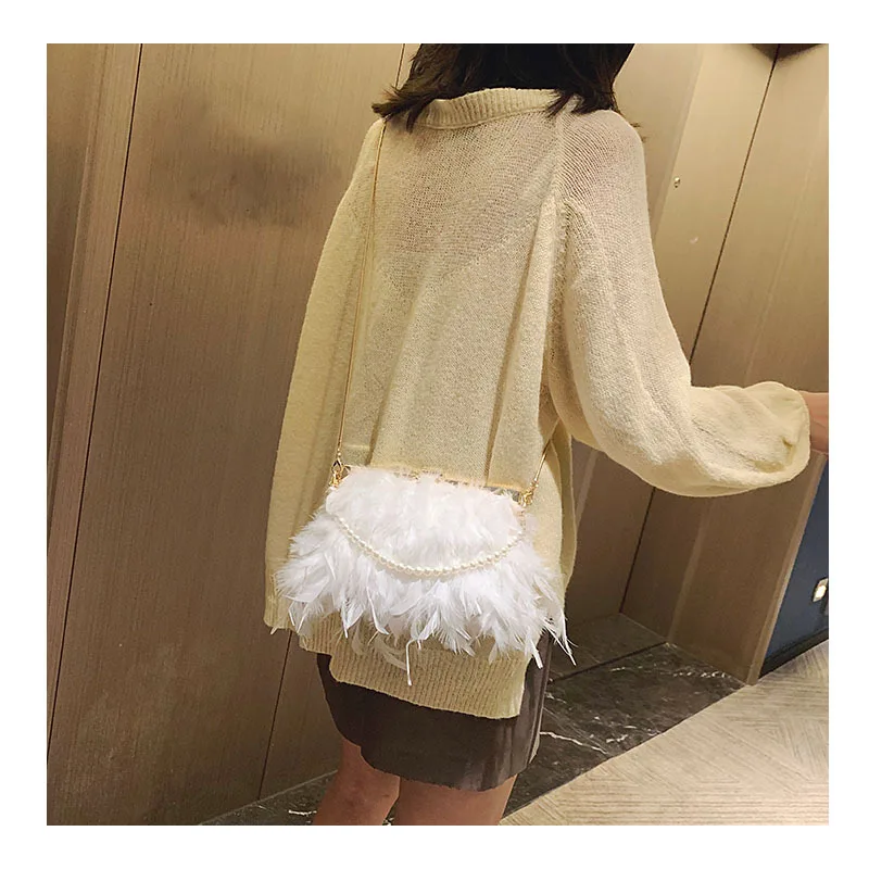 Sac à Main de Luxe en Plumes d'Autruche pour Femme, Pochette de Soirée Faite à la Main, avec Poignée en Perles, pour ixde Mariage, à Bandoulière