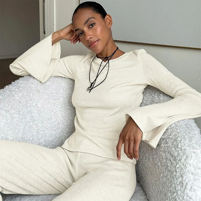 

Осень 2024, новый женский вязаный пижамный комплект с круглым вырезом, однотонные длинные брюки с длинными рукавами, одежда для дома, Европа, Америка, повседневный размер L