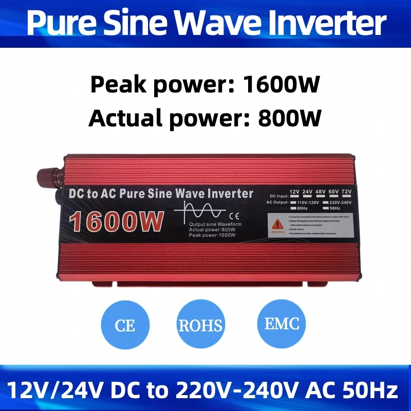 Pure Sine Wave Power Inverter 1600W, DC 12V/24V to AC 220V 50Hz Universal Socket for RV Car Solar Off-Grid Emergency Home Use
