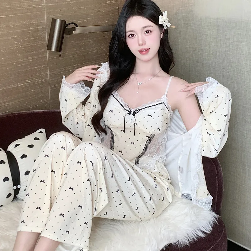 

Autumn Winter New Pajamas Chinese Style Print Bowknot Velvet Sleepwear Women's Set Sexy Suspender Three Piece Set Home Wear